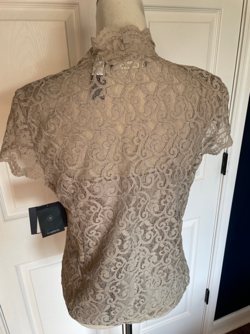 NWT Liz Claiborne Taupe Lace Short Sleeve V-Neck Blouse Size 10 Petite - Picture 4 of 8